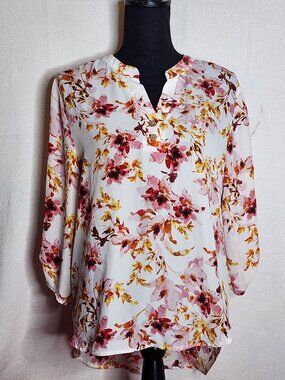 Cure White Pink Orange Floral Print Tab Sleeve Poly Flowy Two Button Blouse Sz L